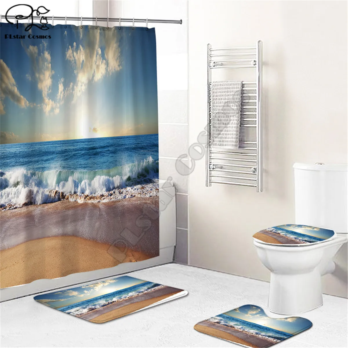 Sunset on the Beach Bathroom Set Together Shower Curtain Rug Set Bathroom Mats Rugs Toilet Decor Mat 3D Printed 01