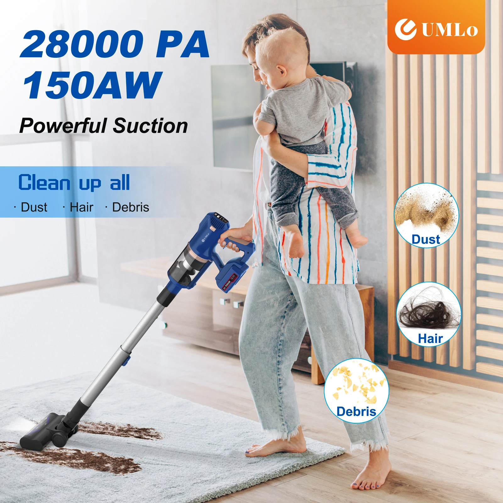 1x UMLO V11 Cordless vacuum cleaner, 30kPa 300W cordless vacuum cleaner, 6 in 1 Light vacuum cleaner, 60 minutes 4000mAh battery