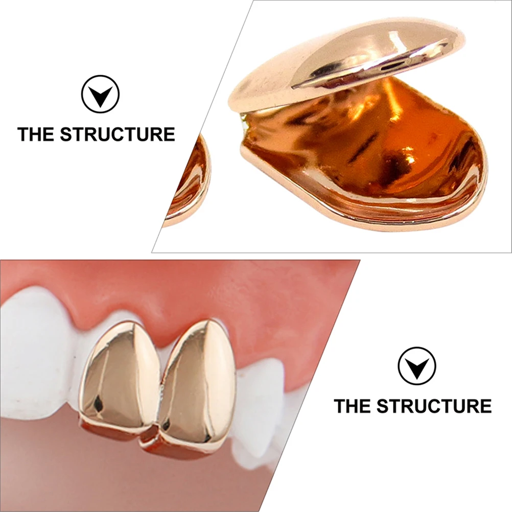 4 pezzi placcati in oro con denti singoli Grill Hip Hop Bretelle Caps per uomo Donna Halloween Party Club Evento Uso quotidiano Stile rapper