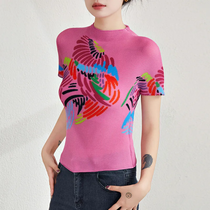 T Shirt Summer Women's Clothing 2023 Half Turtleneck Short Sleeved Fashion Printed Stretch Slimming Miyake Pleated Casual Tops