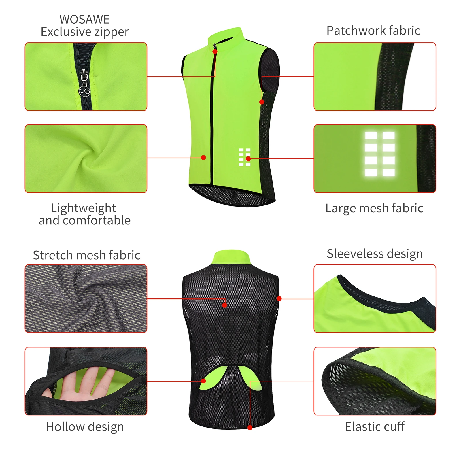 WOSAWE Windproof Cycling Vest Breathable Running Vest MTB Bike Bicycle Reflective Clothing Men Women Sleeveless Cycling Jacket