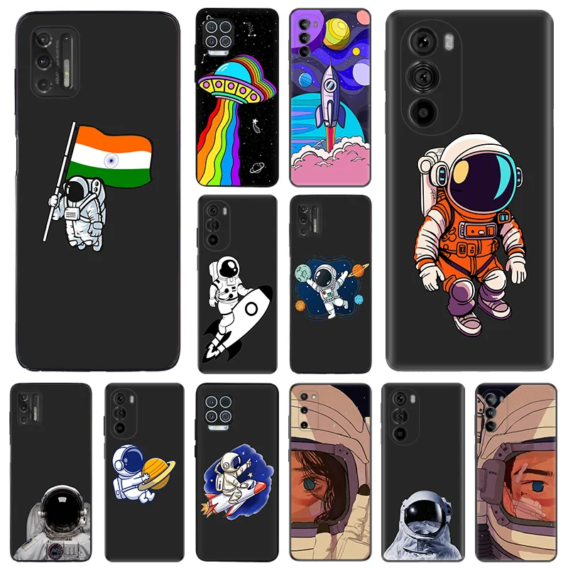 Matte Phone Cases for Motorola Moto G31 G50 G30 G51 G60 G71 G22 G32 G52 G72 G53 G73 G9 Cartoon Astronaut Rocket Black Soft Cover