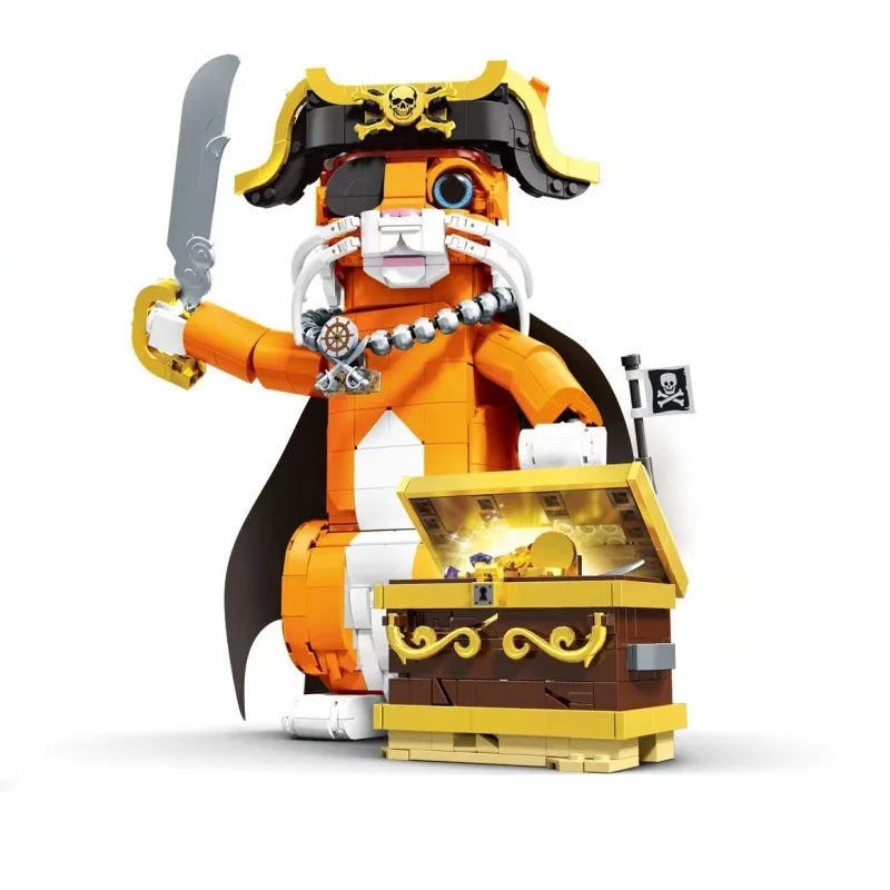 Mini Bricks MOC Block Set, Fantasy Pirate Cat Character Collectible Model High Difficulty DIY Assembly Tabletop Display Decor