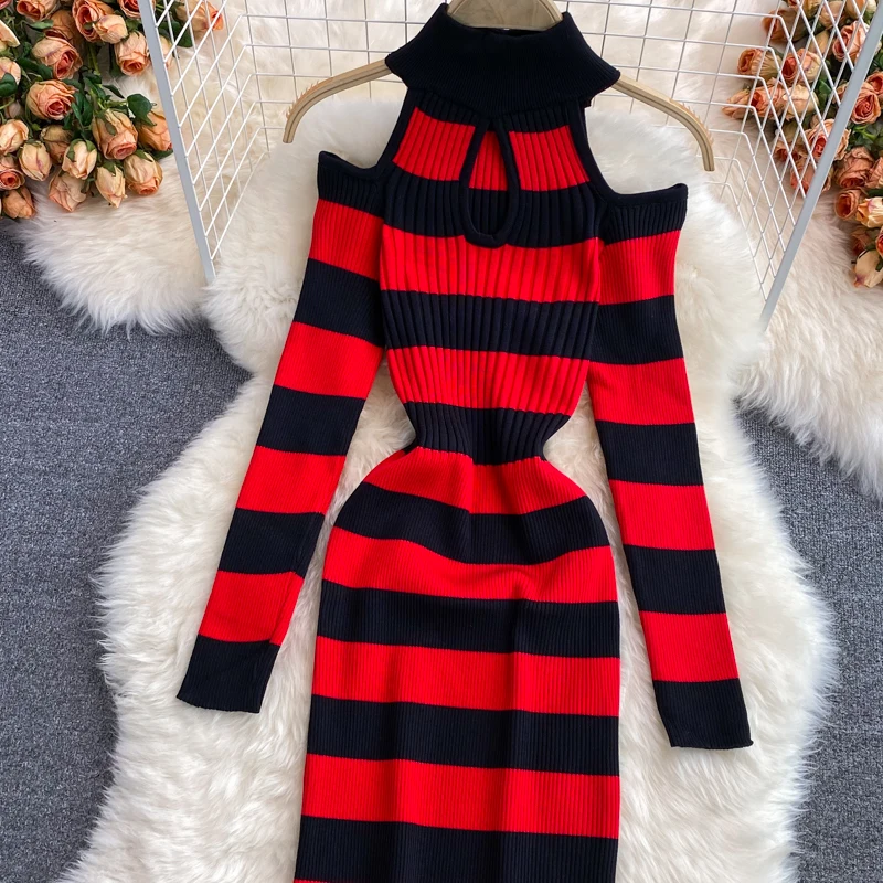 Autumn Women Chic Sexy Off-shoulder Hollow Bodycon Hip Wrapped Knitted Stripped Dress Winter Elastic Ady Party Sweater Dresses