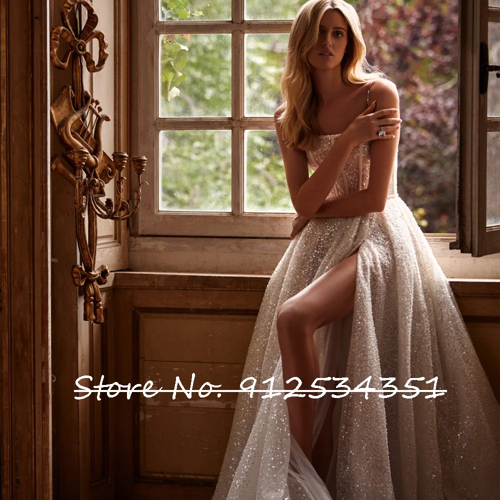 New Arrival Glitter Slit Skirt Wedding Dress Off the Shoulder Gorgeous Vestidos De Novia Boat Neck Elegant Robe Mariage