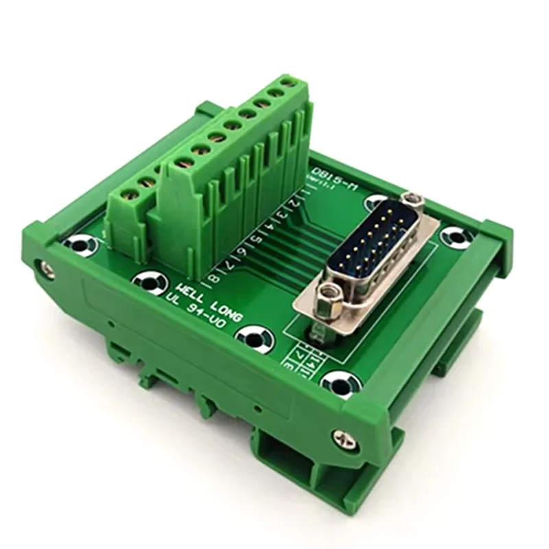 

DIN rail mountable D-SUB DB15 Male Header Breakout Board, Terminal Block, Connector.