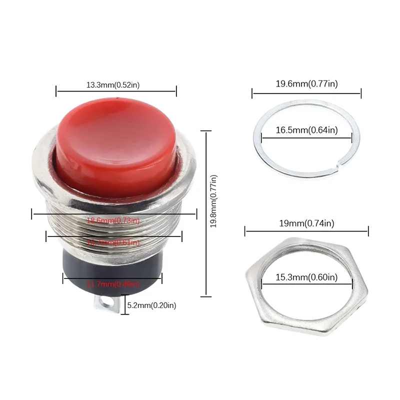 5/20PCS DS-212 16MM Power Switch Round Red Switch Small Self-Reset Momentary Push Button Start Compound Button Power Switch