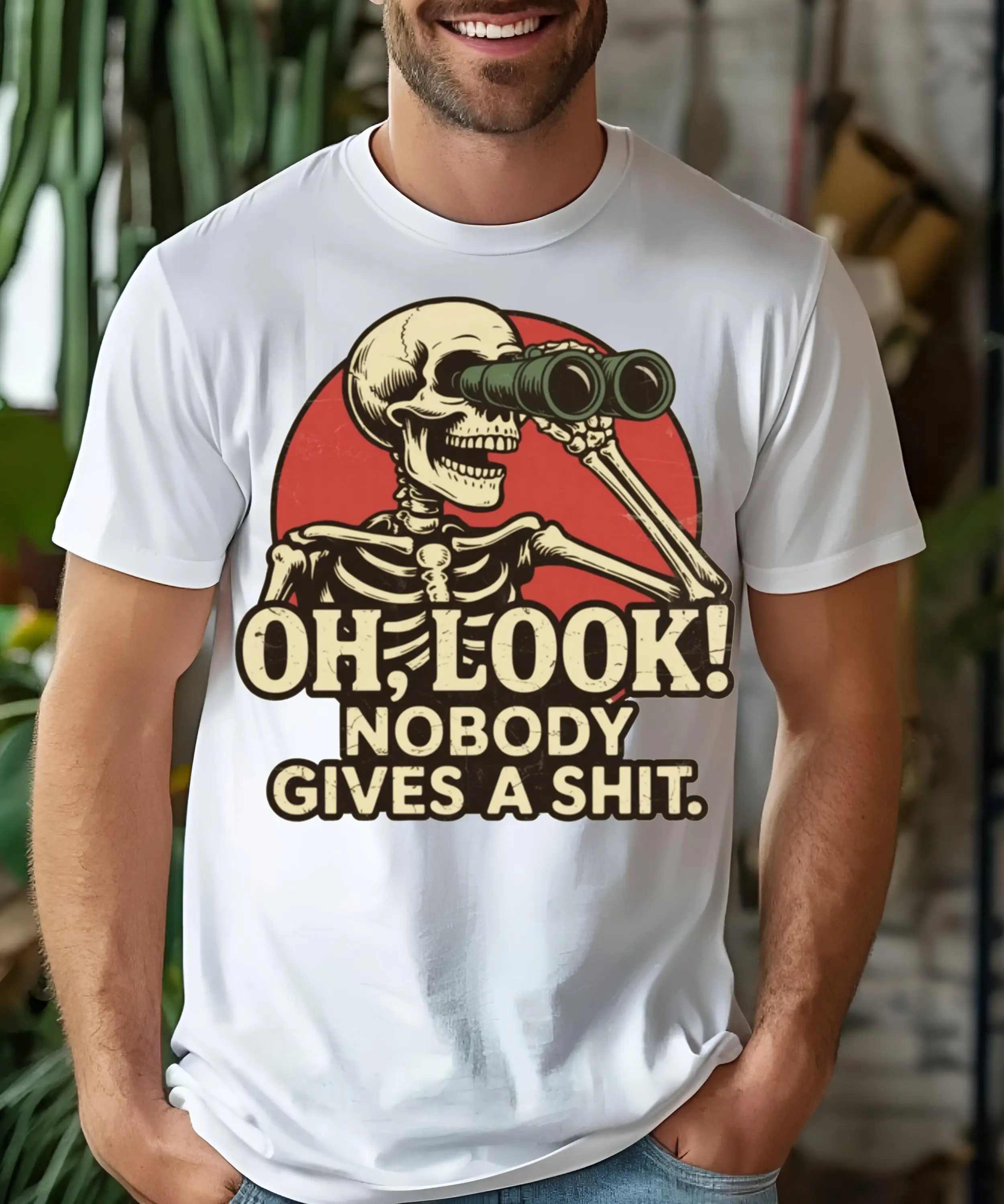 Oh Look Nobody Gives A Shit Skeleton graphic print Funny Men Cotton T-Shirt O-neck short-sleeved T Men Oversized casual Tshirts