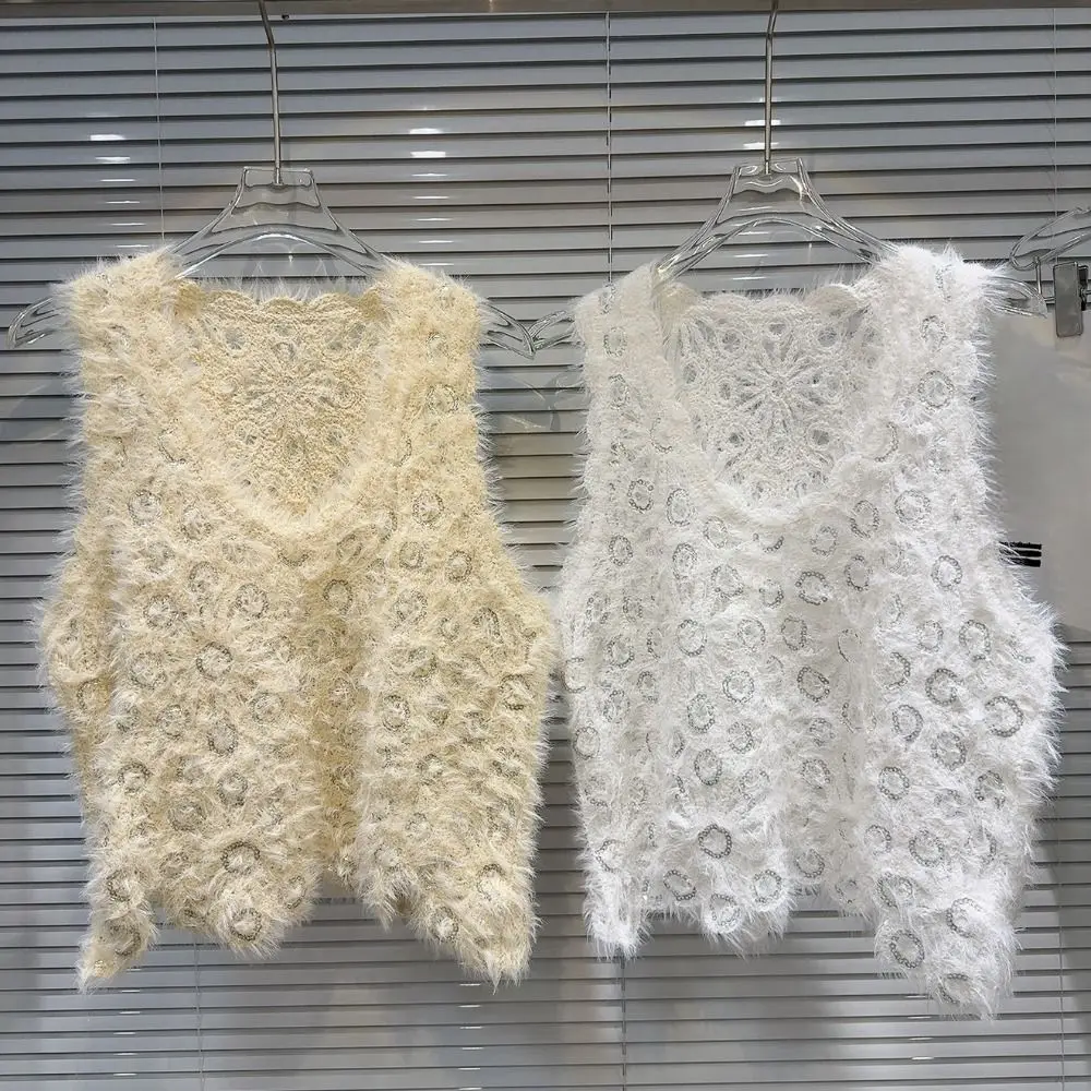 

Fashion Loose Knitted Vest Hollow Out Flower Crochet Crop Top Chic Sequin Sweater Waistcoat Vacation