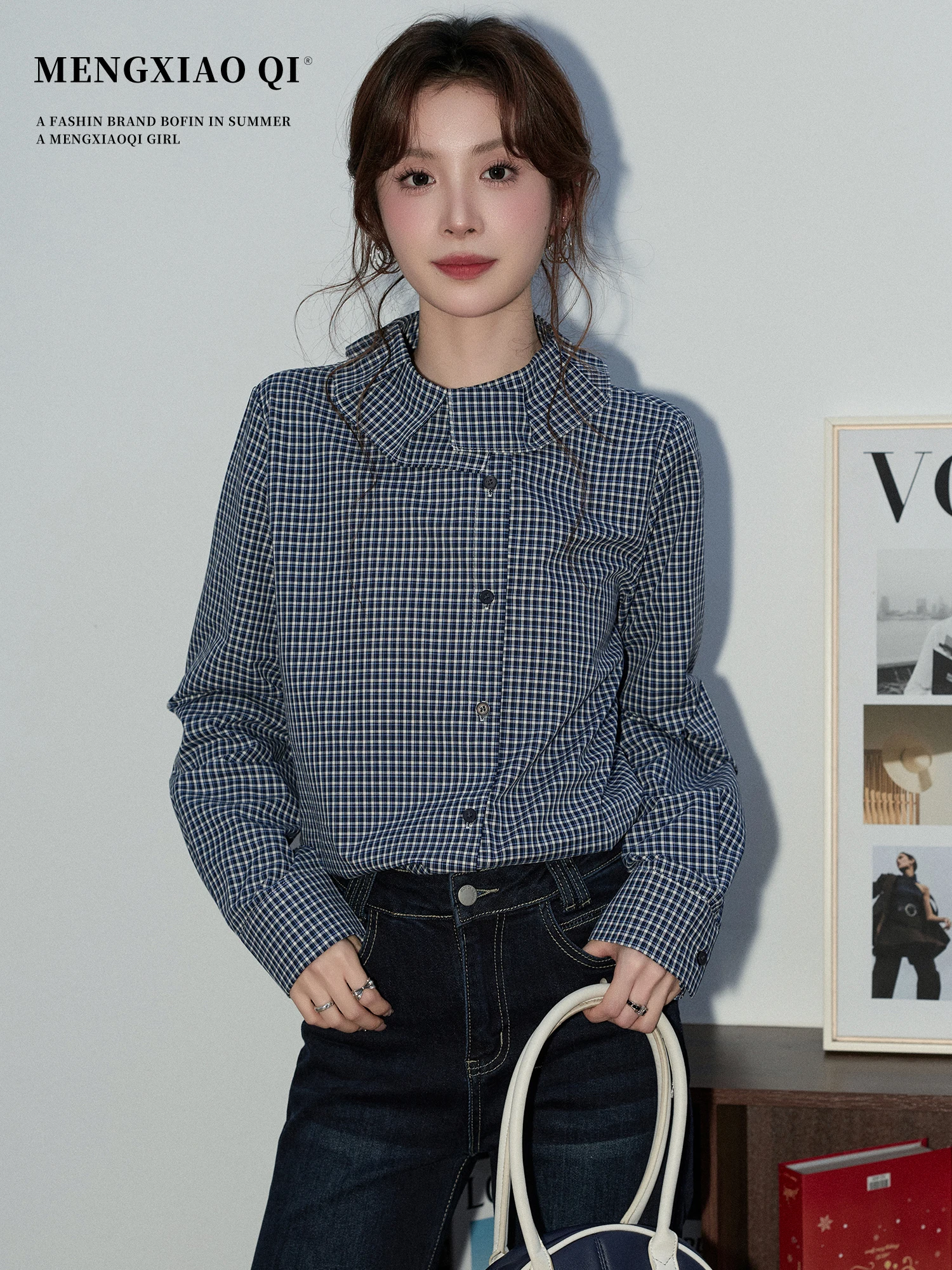 

Женская рубашка Meng Xiaoqi с длинным рукавом в ретро-клетку, корейский стиль, уникальная, элегантная, универсальная, для повседневной носки, на раннюю весну