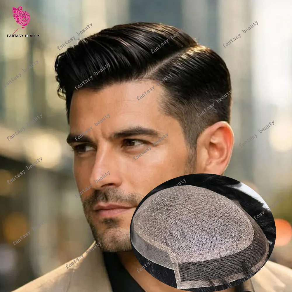 Men's Virgin 100% Human Hair Silk Top Lace Breathable Realistic Skinlike MenToupee System Black Hair Natural Hairline Prosthesis