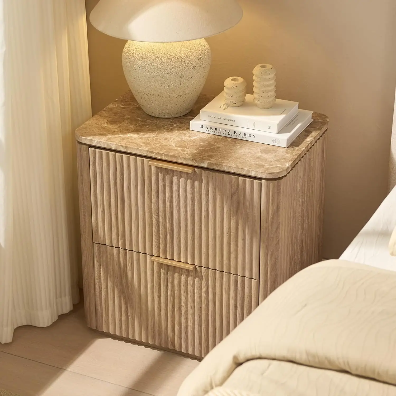 Fluted Nightstand Set of 2, Bedside Table with 2 Drawers, Engineered Wood End Table with Faux Marble-Top, Curved, Customized