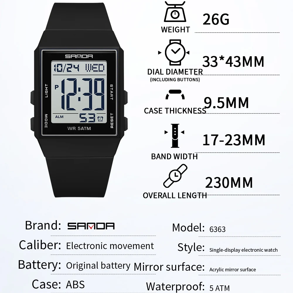 SANDA Woman Fashion Watches Fashion Sports Watch Silicone Strap 3ATM Waterproof Time Display Women's LED Digital Watch Gift
