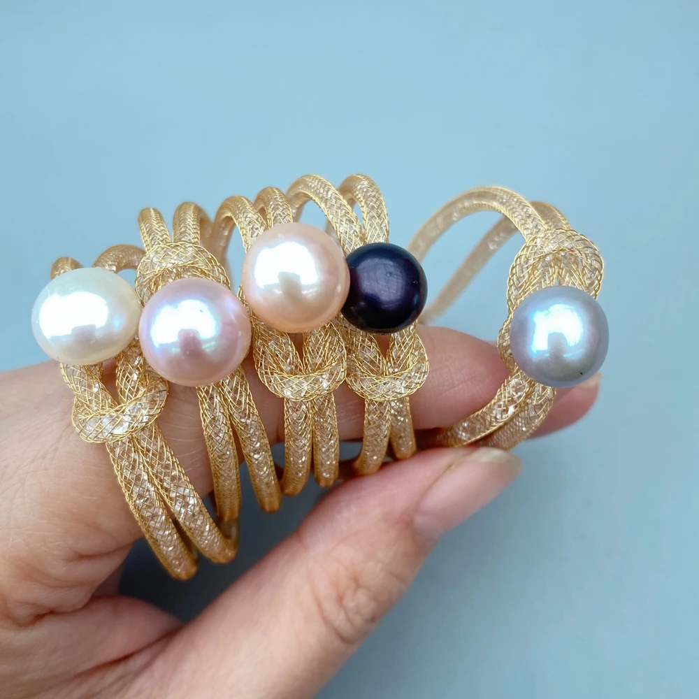 YYGEM 5 Pcs 10mm Natural Freshwater Pearl Copper Gold Plated Chain Bracelet 2