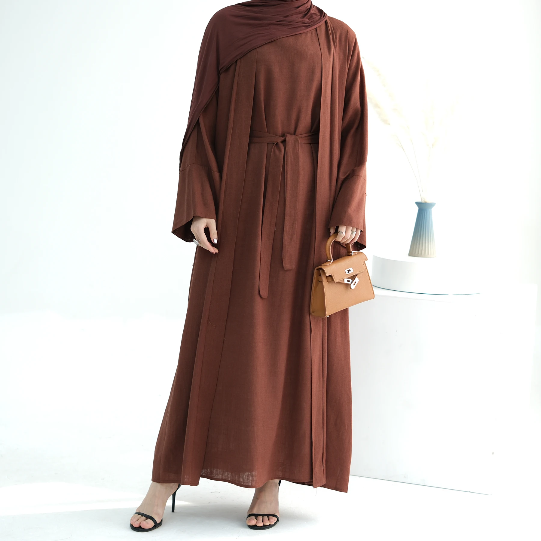 Saudi solide offene abaya elegante eid muslimische bescheidene Mantel für Frauen Islam Truthahn Kleid Baumwolle Leinen Langarm Kleidung Ramadan