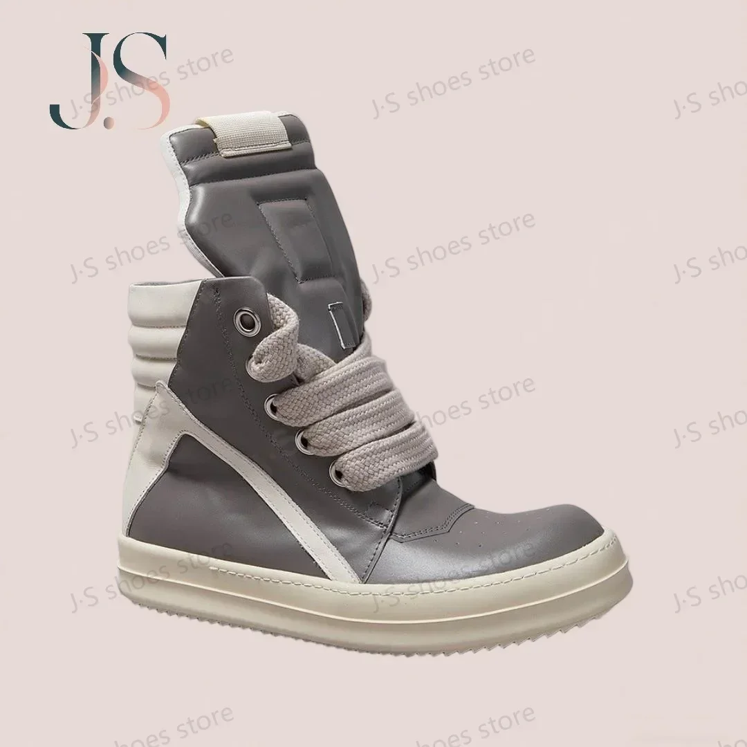 

R-o Classic Men Shoe High Top Shoes Women Sneaker Luxury Gray Leather Casual Boots Jumbo Laces Flat Sneakers Ankle Boot
