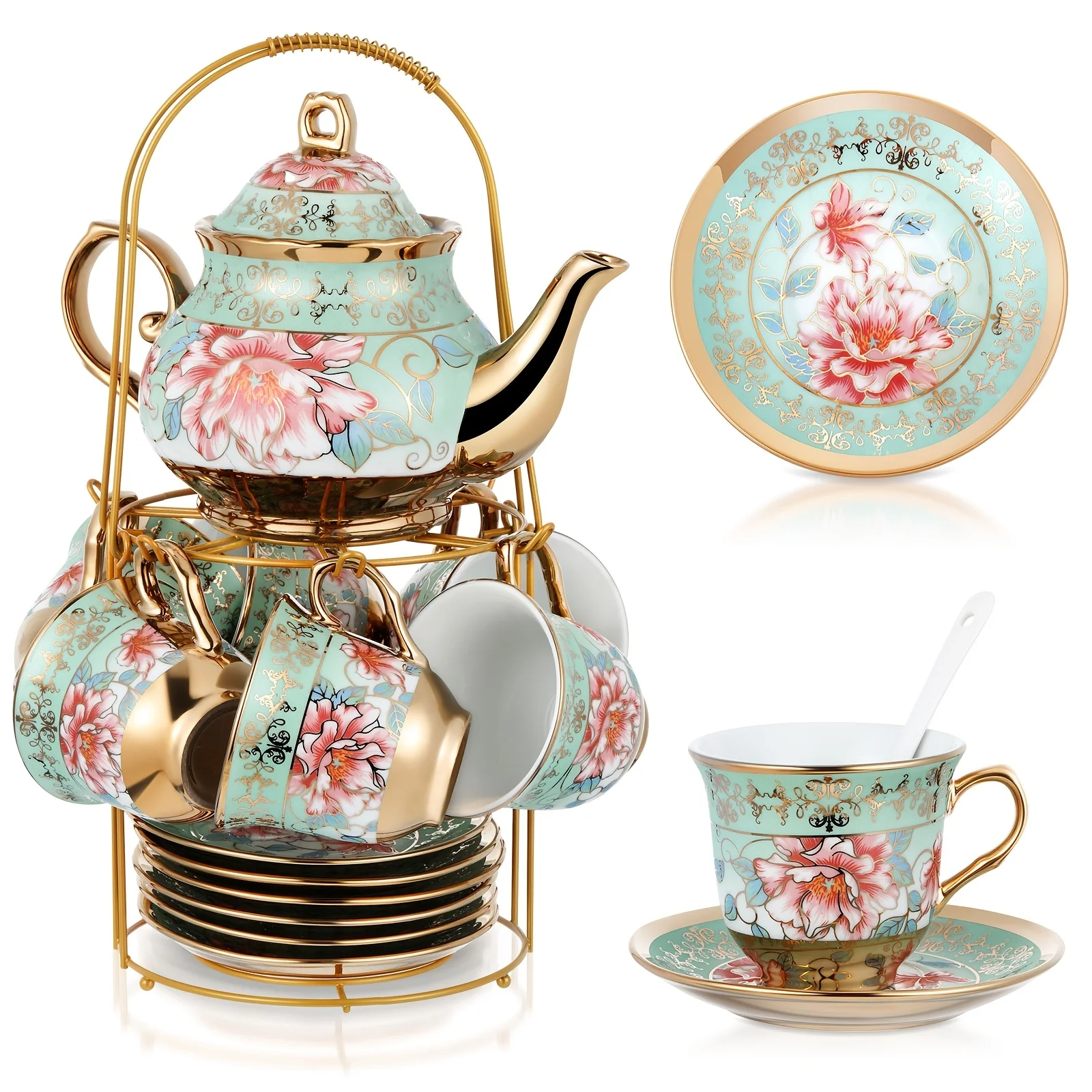 

20pcs Porcelain Tea Set with Metal Holder Adult Ceramic Tea Party Set European Flower Tea Cup Saucer Set for Adult Women with Fl