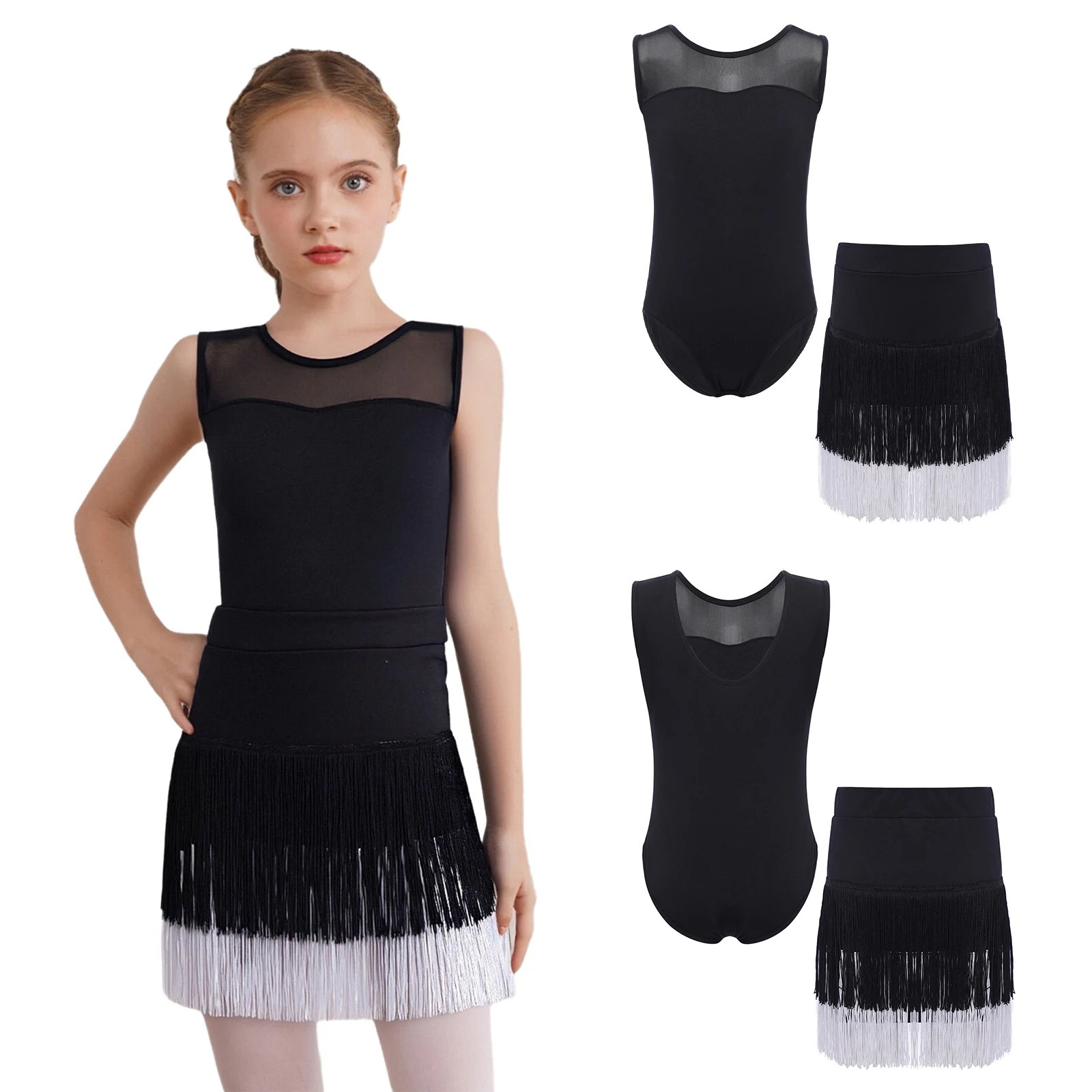 2 قطع الفتيات اللاتينية السامبا التانغو ملابس رقص أكمام بقماش شفاف المرقعة الصحافة أزرار المنشعب يوتار مع شرابة تنورة مجموعة