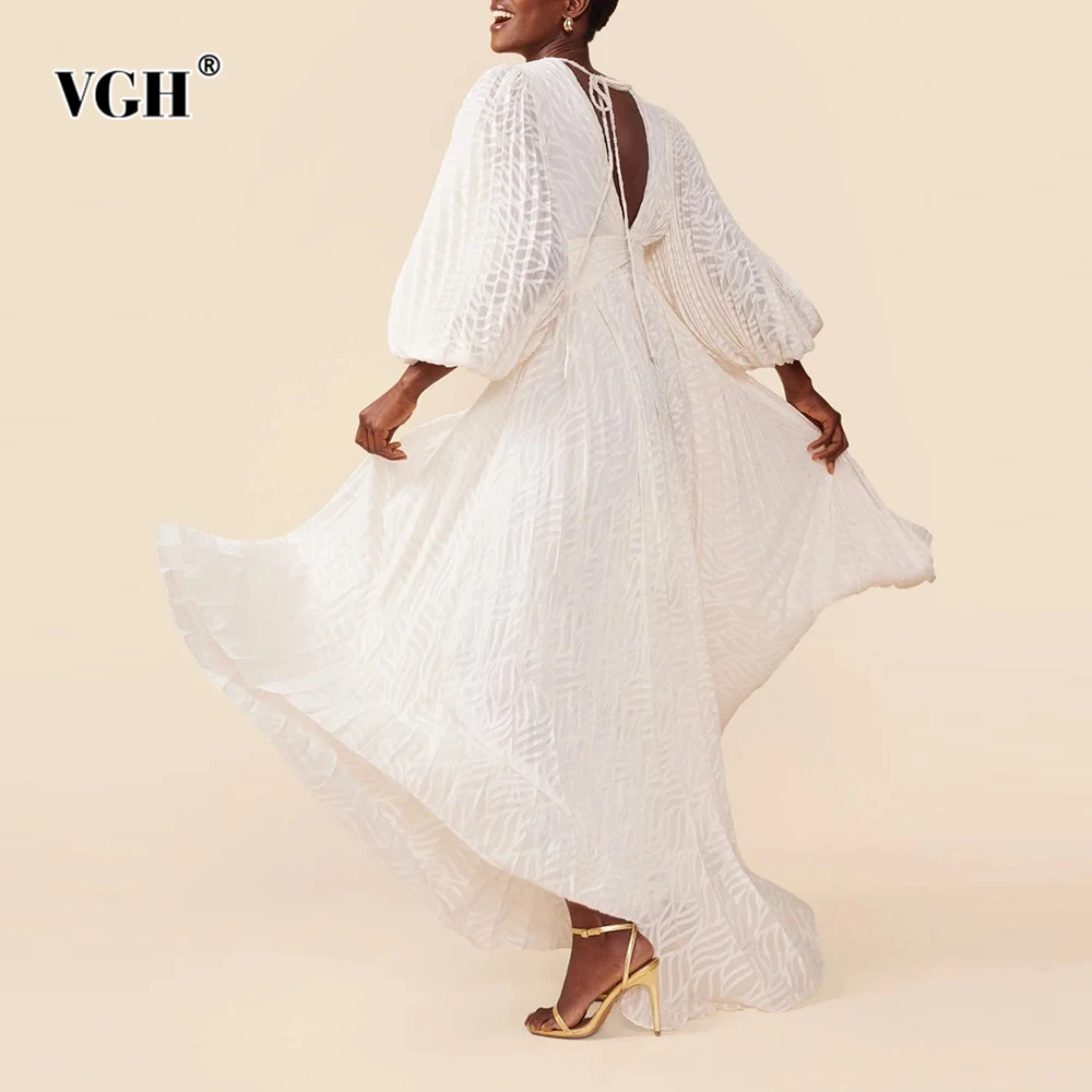 

VGH Temperament Solid Slimming Dresses For Women V Neck Lantern Long Sleeve High Waist Elegant Dress Female Fashion Style New