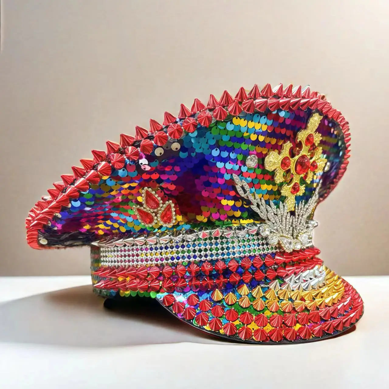 HongLuan Roter Kapitän Hüte Strass für Burning Man Festival Frau, Halloween Kostüm Hut Erwachsene, Cosplay Damen Accessoires