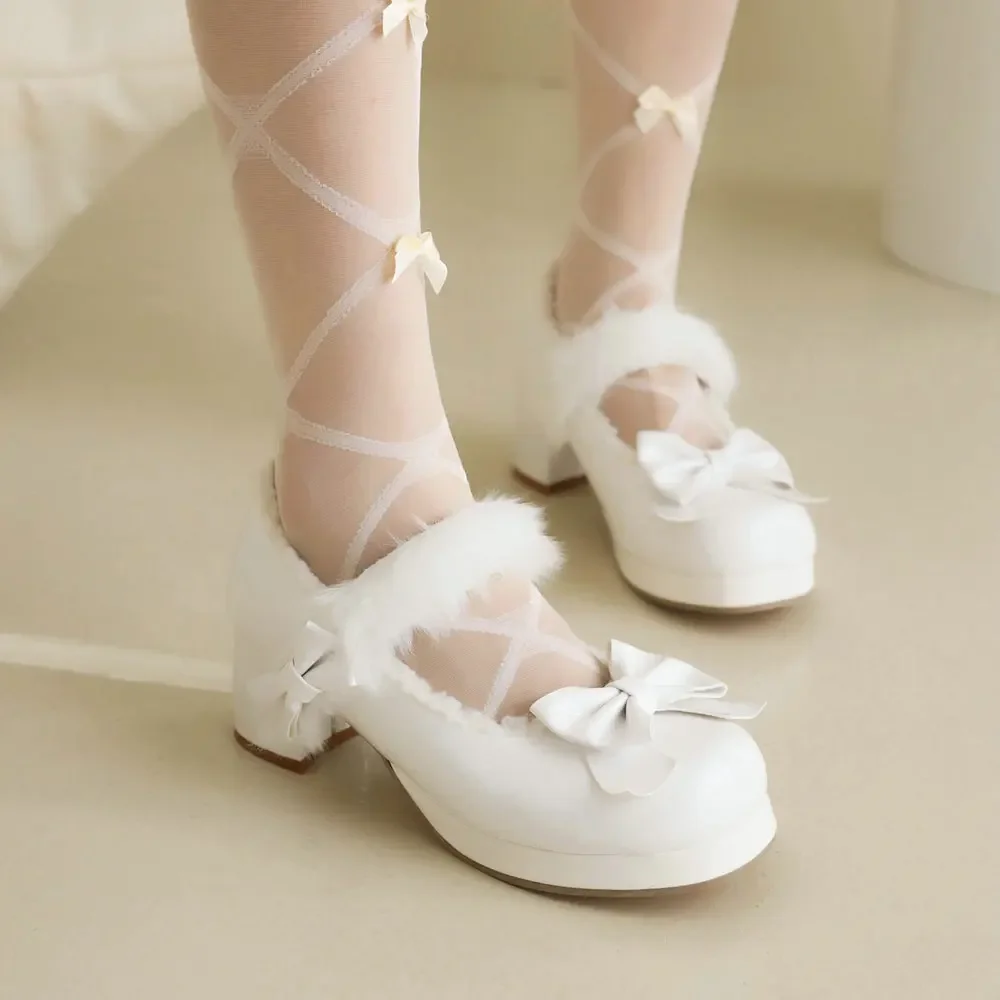 

Женские туфли на платформе с бантом, зимние теплые туфли на массивном среднем каблуке с ремешком из искусственного меха Kawaii, милая обувь для костюма Лолиты