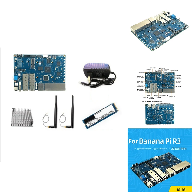 

For Banana PI BPI-R3 MT7986 2GB+8GB EMMC 2XSFP Router Development Board With 256G SSD+Heat Sink+2Xantennas+Power