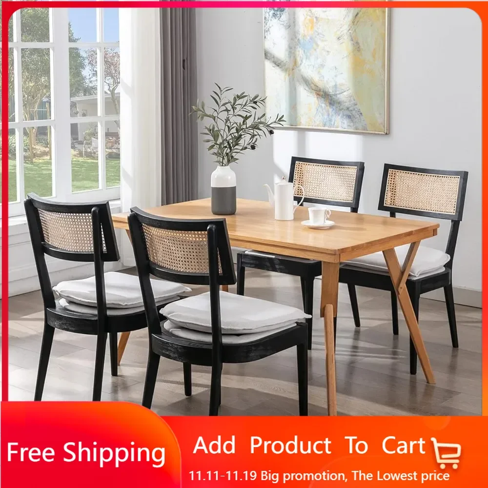 Farmhouse Dining Set of 4, French Country Rattan Cane Back Kitchen Chairs Upholstered Comfy Retro