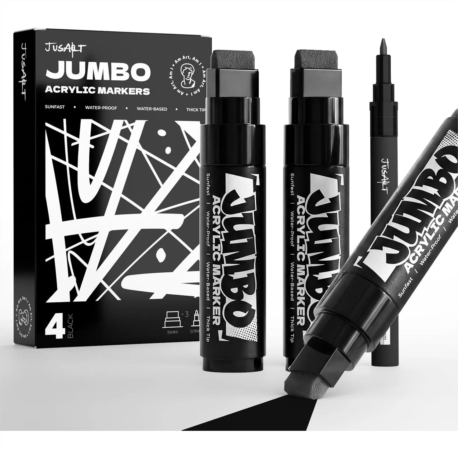 

4 Pcs Black Jumbo Poster Markers with 15mm Wide Tip and 0.7mm Fine Tip Acrylic Paint Markers for Rock Fabric Glass Metal Wood
