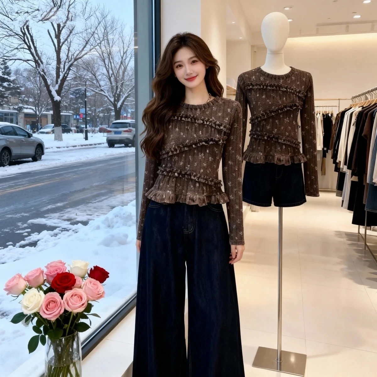 

Ретро Sle Long Sve круглая футболка с цветочным принтом, женский весенний новый утягивающий топ, универсальный кружевной топ из полиэфирного волокна