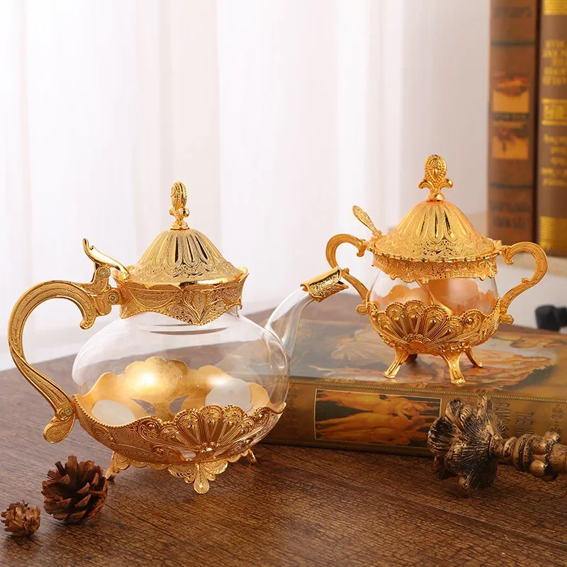 European-style elegant alloy glass coffee pot sugar cup exquisite hollow carved household pot cup ornaments