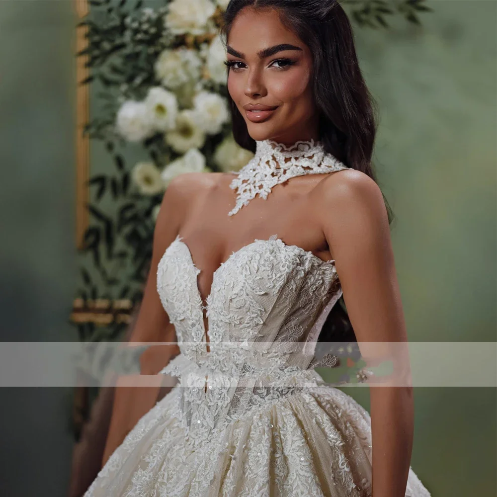 Flavinke Customized Exquisite Women's Princess Ball Gown Lace Wedding Dresses 2025 Sleeveless Bridal Gown with Chapel Train