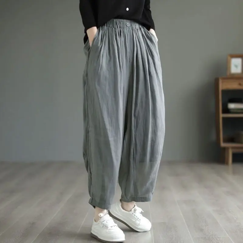 2024 Nieuwe Zomer Minimalistische Effen Kleur Casual Losse Oversized Mode Retro Luie Stijl Hoge Taille Zak Dunne Harlan Broek