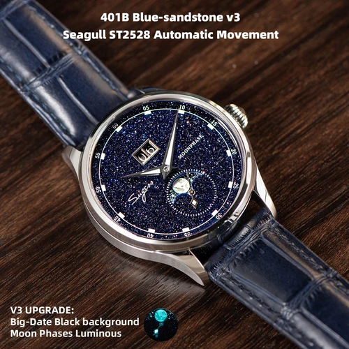 Imagen 2 del producto Reloj Sugess Moonphase para hombre, relojes de pulsera mecánicos automáticos de 40mm, movimiento de origen ST2528, esferas de arenisca azul de acero inoxidable