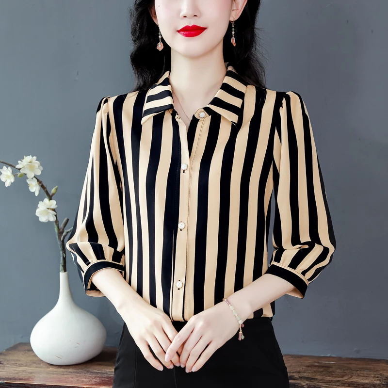 

Summer Elegant Korea Striped Shirt Women's Casual Half-Sleeve 2025 New Fashion Office Style Loose Blouse Streetwear Tops