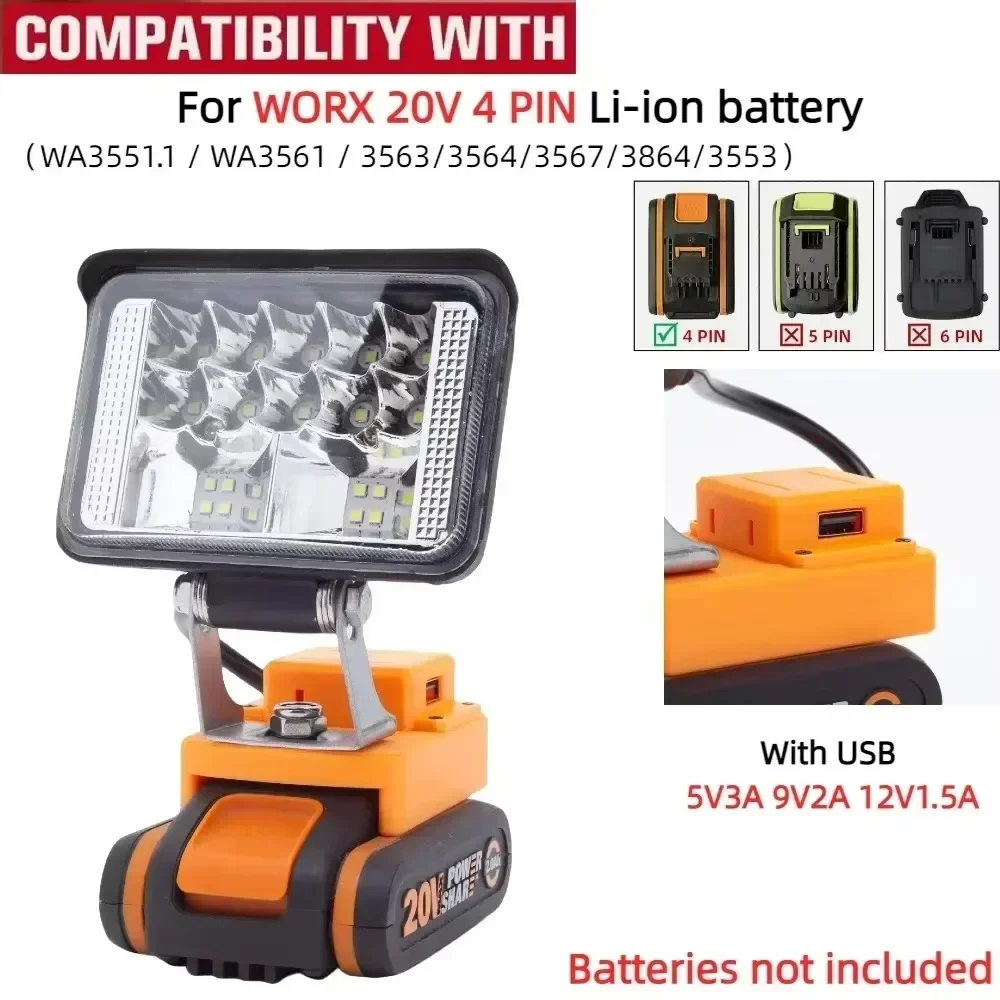 Lampa robocza LED litowo-jonowa do WORX 20V 4 PIN (WA3551.1 / WA3561 / 3563/3564/3567/3864/3553) przenośna lampa akumulatorowa z USB