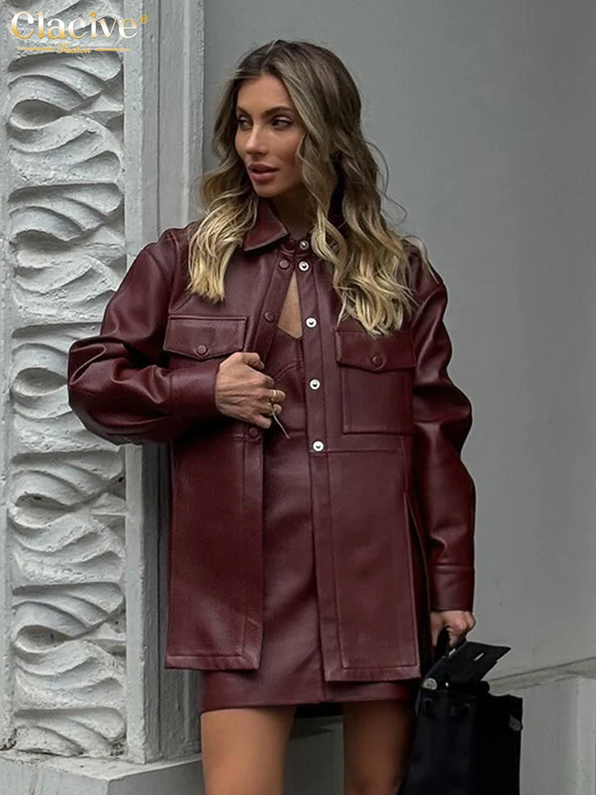 Clacive Fashion Loose Red Pu Leather Women Two Pieces Set 2024 Elegant Long Sleeve Shirt With Sleeveless Mini Dress Set Female