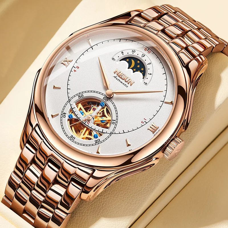 NESUN Men's Automatic Mechanical Watch Switzerland Luxury Brand Dual Skeleton Moon Phase Waterproof Full Steel Clock N9037-S