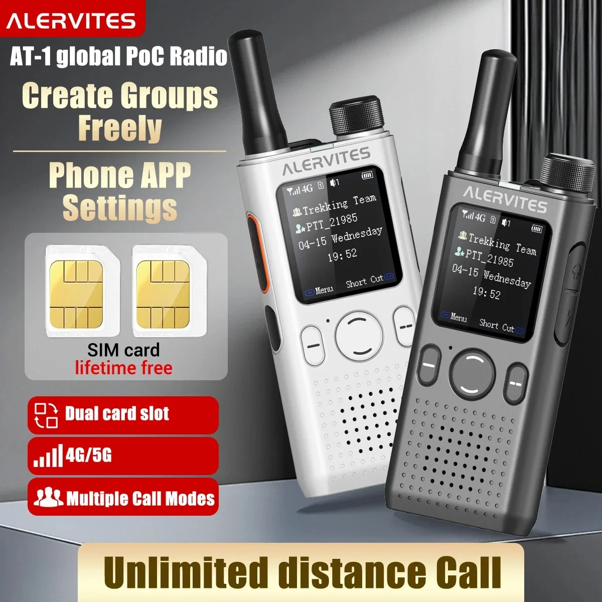 ALERVITES 2PCS AT1 POC Public Network Walkie Talkie Unlimited Global Communication Range Ultra-thin Portable Two Way Radio