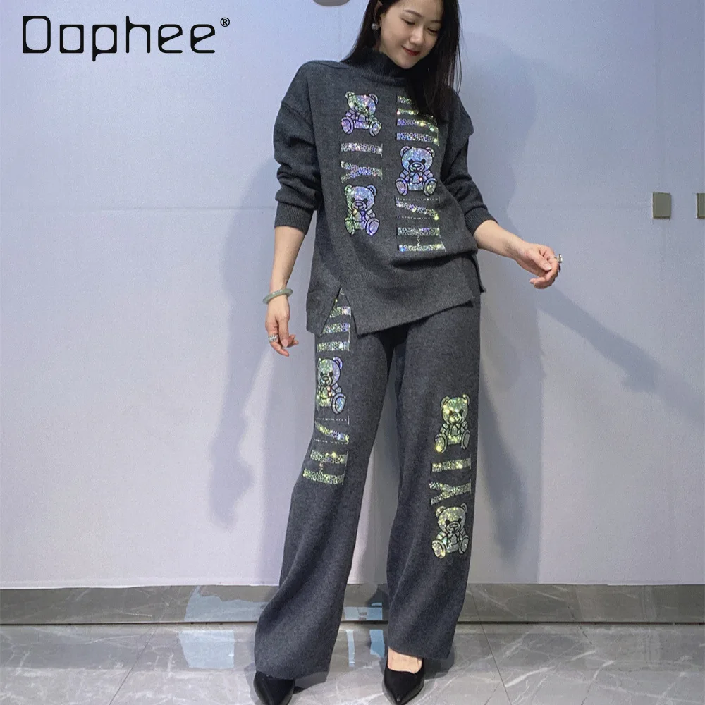 Ensemble tricoté européen et américain pour femmes, pull à col haut + pantalon à jambes larges, ensemble deux pièces, automne hiver