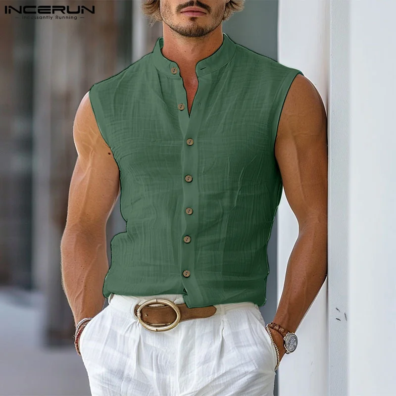 

INCERUN Men Shirt Solid Color Stand Collar Sleeveless Button Casual Men Clothing Streetwear Summer 2024 Fashion Camisas S-5XL