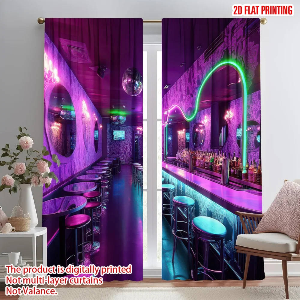 

2D flat printing 2pcs Curtain Retro Bar Ambiance Digital Printed Polyester Drapes Party Decorations Perfect for Yard & Garden