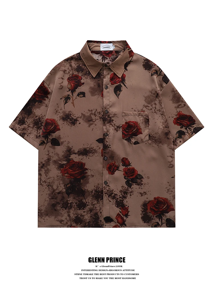 GPstudio Vintage Rose Print Short Sleeve Men's Shirt Summer Beach Beach Couple's Shirt Loose Fit Polyester Fiber No Ironing R...