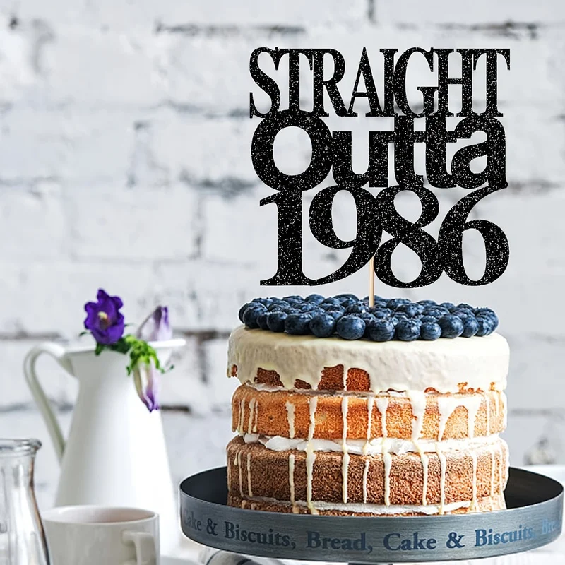 Straight Outta 1986 Cake Topper, Black Glitter 1986 Birthday Cake Pick, 39th Birthday Party Cake Decorations Supplies