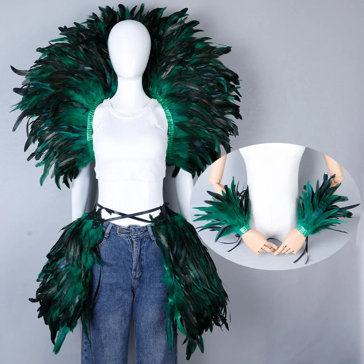 Gothic Karneval 3-teiliges Set Maskerade Gefiederter Kragen Brautschal Halloween Kostümzubehör für Damen Mode Cosplay Hexe – Detail 23
