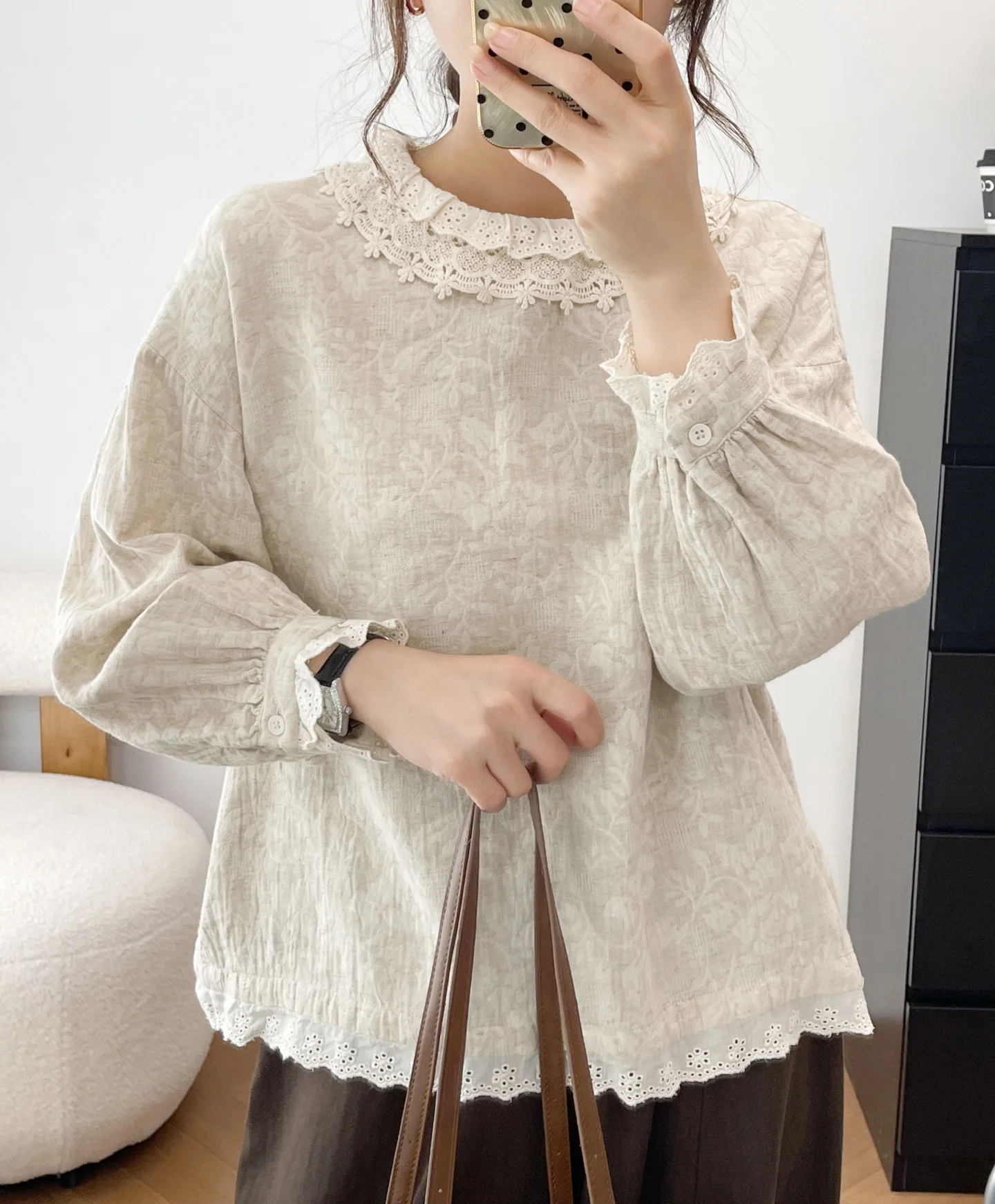 Bust 118cm Elegant Women Embroidered Cotton Shirt Japanese Style White Beige Embroidered Long Sleeve Tops Vintage Clothing