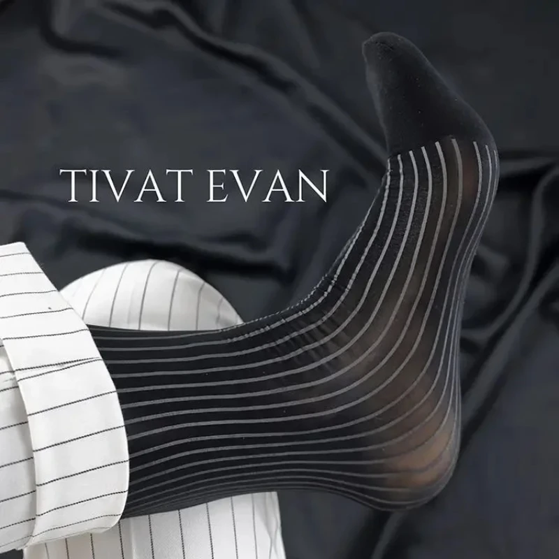 

Мужские носки до середины икры в синие, черные полоски, высококачественные зеркальные прозрачные деловые носки для мужчин, сексуальные ультратонкие модельные носки Medias Hombre