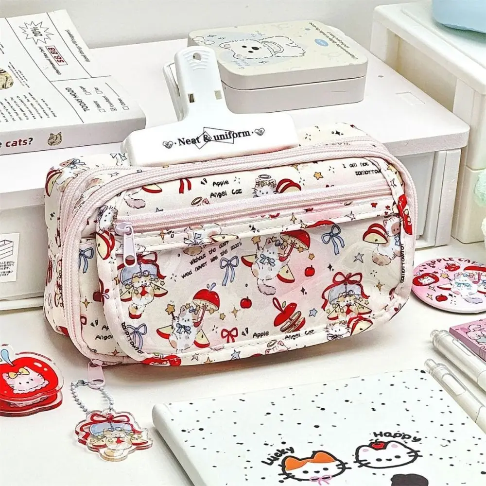 Durable Flip Design Pen Bag Multilayer Large Capacity Pencil Case Red Kitten Pattern Multifunctional Stationery Storing Bag Gift