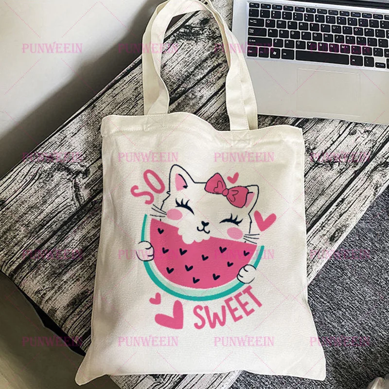 Cute Cat Cartoon Print Canvas Bag Japan Kawaii Girls Harajuku Handbag Y2K Aesthetic Shopping Bag Vintage Subculture Shoulder Bag