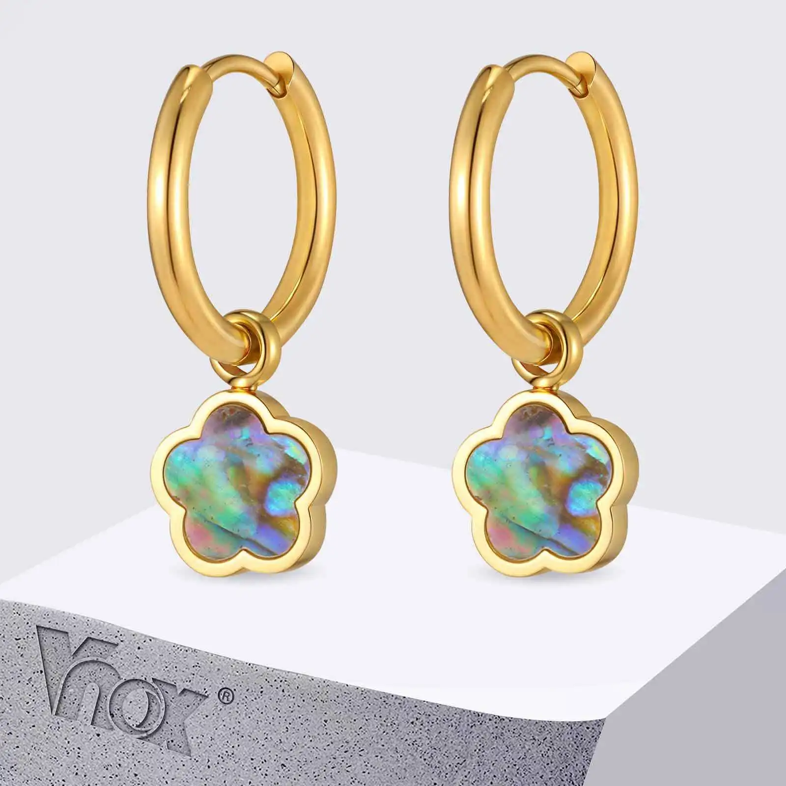 

Vnox Stainless Steel Small Hoop Earrings Pretty Shell Flowers Pendant Fashion Wedding Jewelry For Women Girls