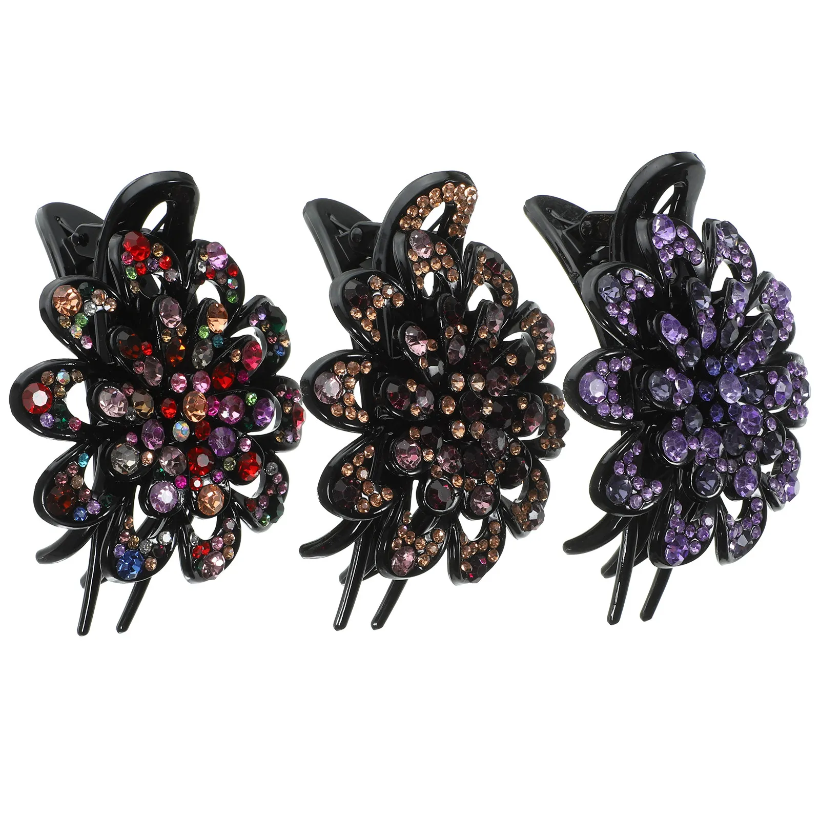 3Pcs French Curved Duck Billed Hair Clips Rhinestone Studded Bling Sparkly Fashion Classic Claw Barrettes for Thick Straight